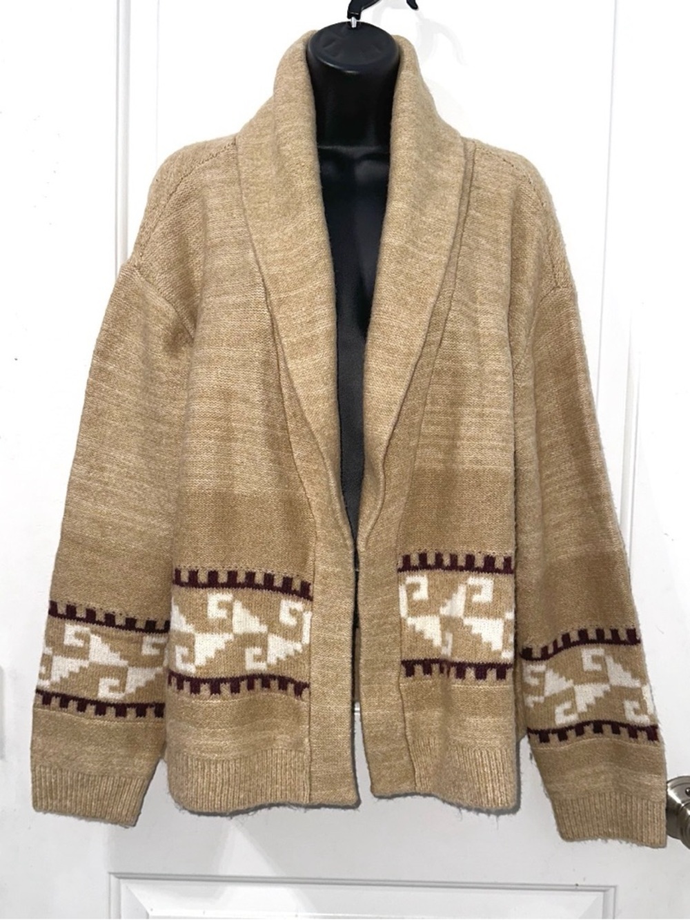 Lucky Brand open-front Sweater with geometric/Aztec-inspired pattern